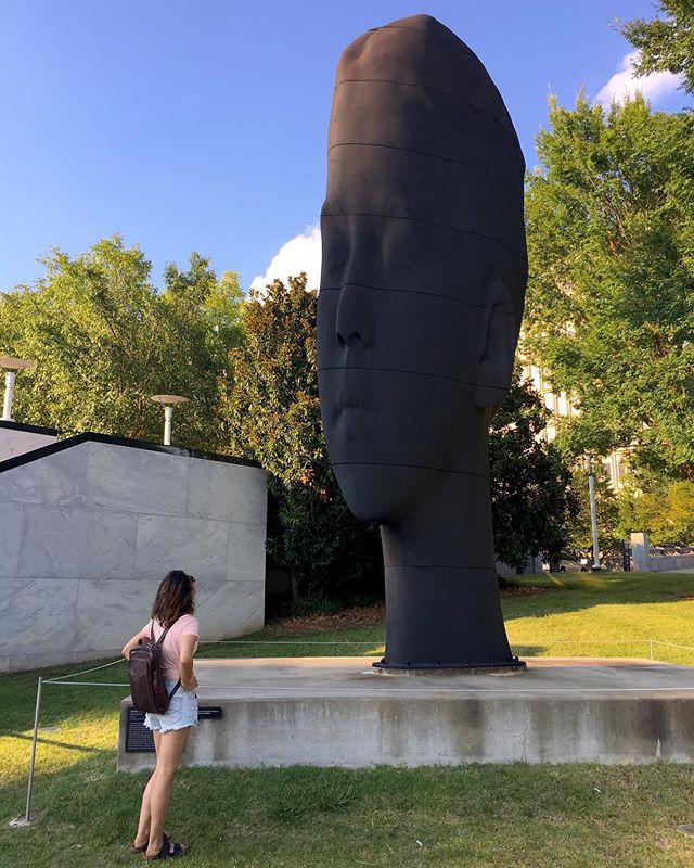 A year ago today when @kapoorsnig @chinmaybijwe and I flew down to #Nashville to meet @ejchalkley @kickmuri @xeinherjar for the #totalsolareclipse2017 adventure of a life time. This #sculpture Isabella by #JaumePlensa was equally impressive with its smooth matte black #castiron finish and rotating distorting perspectives-worth a visit in person!